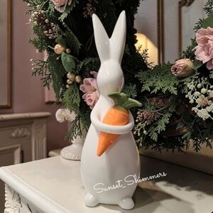 Easter Spring White Ceramic Standing Bunny W. Carrot Figurine Statue Chic NEW